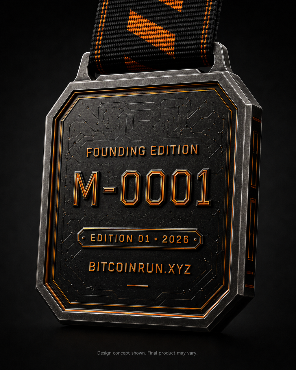 BitcoinRun Founding Edition medal 45 degree back design visual